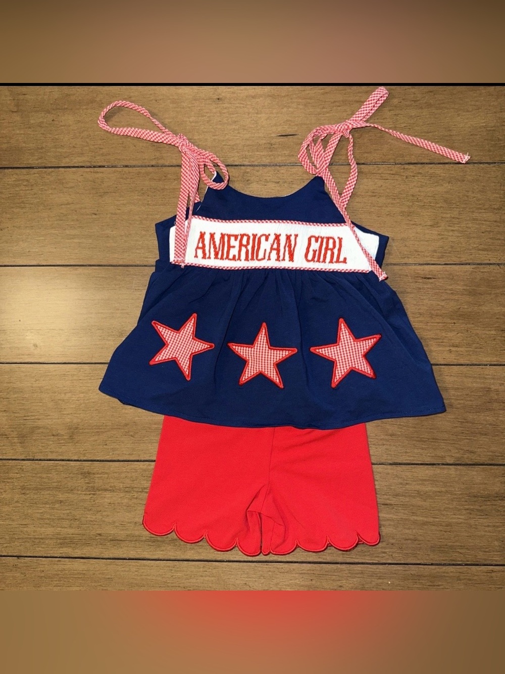 NWT Boutique 4th of July Embroidered American Girl Smocked Baby Girls 9M Outfit